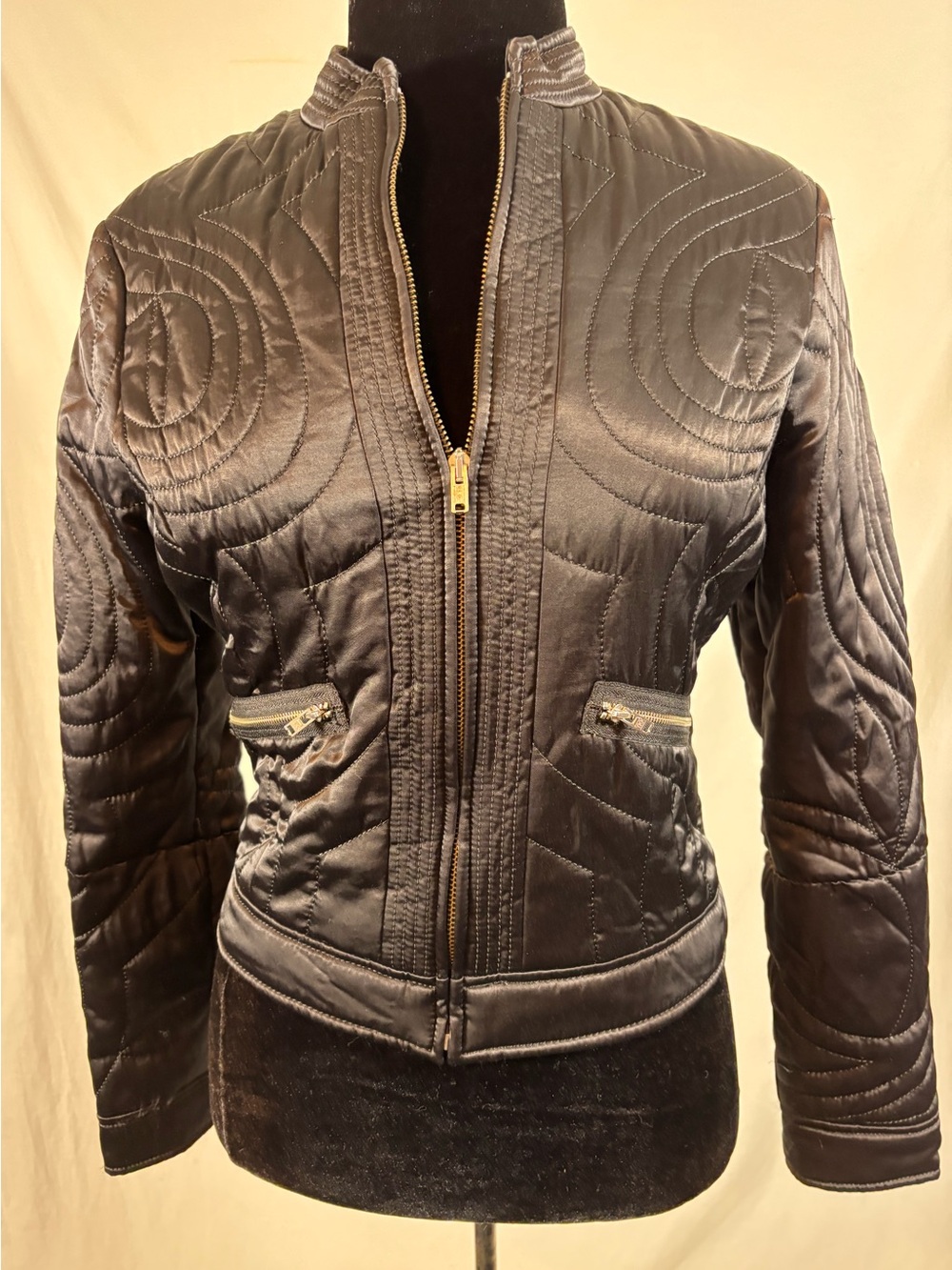 MEXX Black Quilted Satin Moto Jacket Y2K Biker Streetwear Fitted Size 10